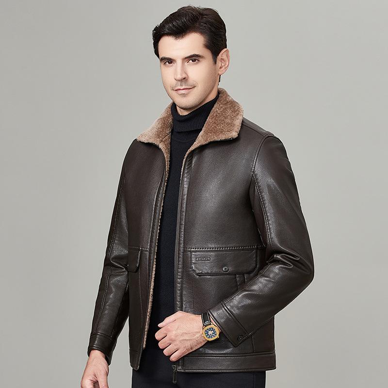Genuine Leather Jacket Men's Fur Integrated Velvet Thickened Autumn and Winter Dad Genuine Leather Jacket