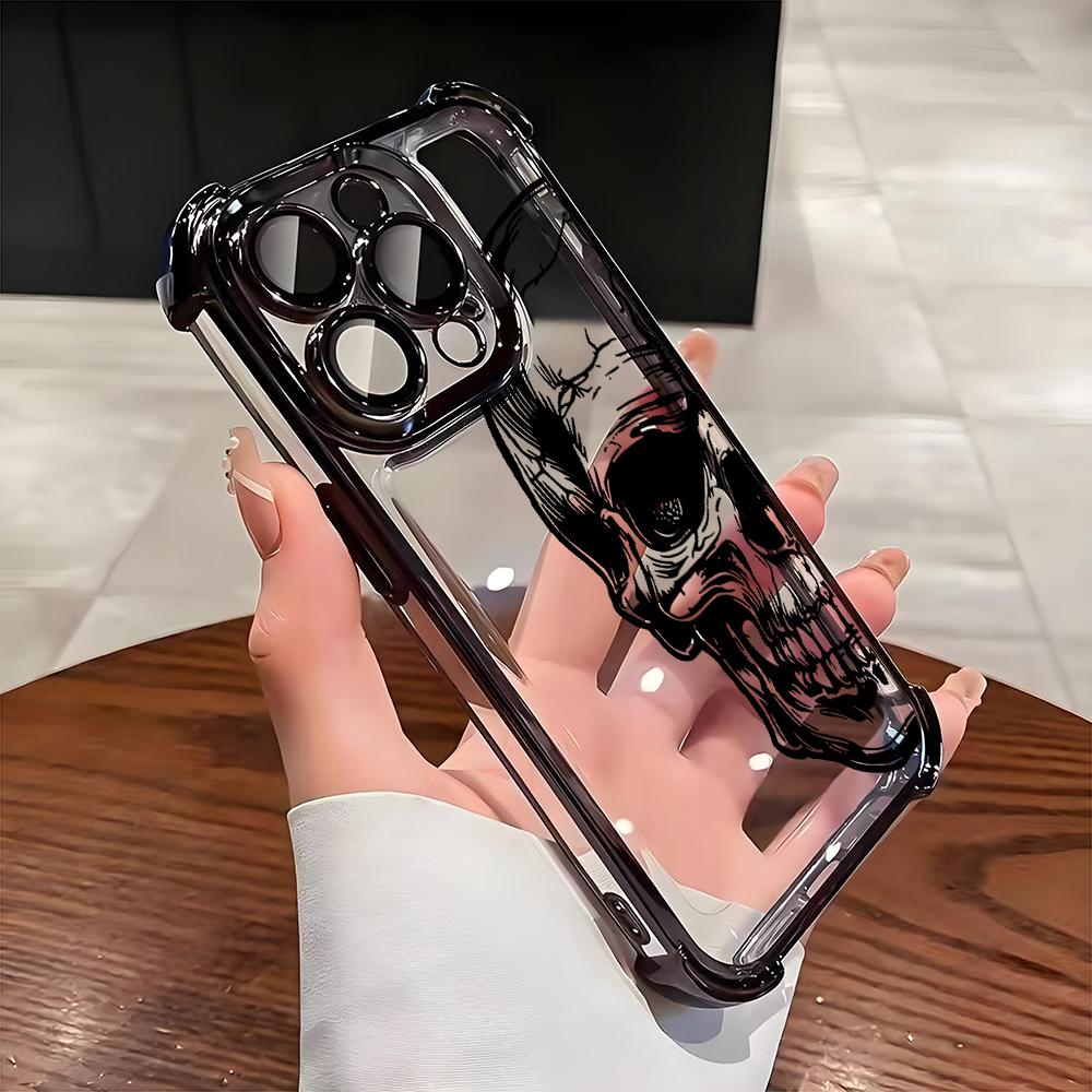 Cool Black Skull Pattern Transparent Phone Case For iPhone 17 16 Pro Max 15 14 Plus 13 12 11 17 Air 16E Shockproof Soft Cover