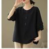 Summer Women Plus Size Round Neck Solid Color Tops Loose Cotton and Linen Button Comfortable Casual Short Sleeved T-shirt