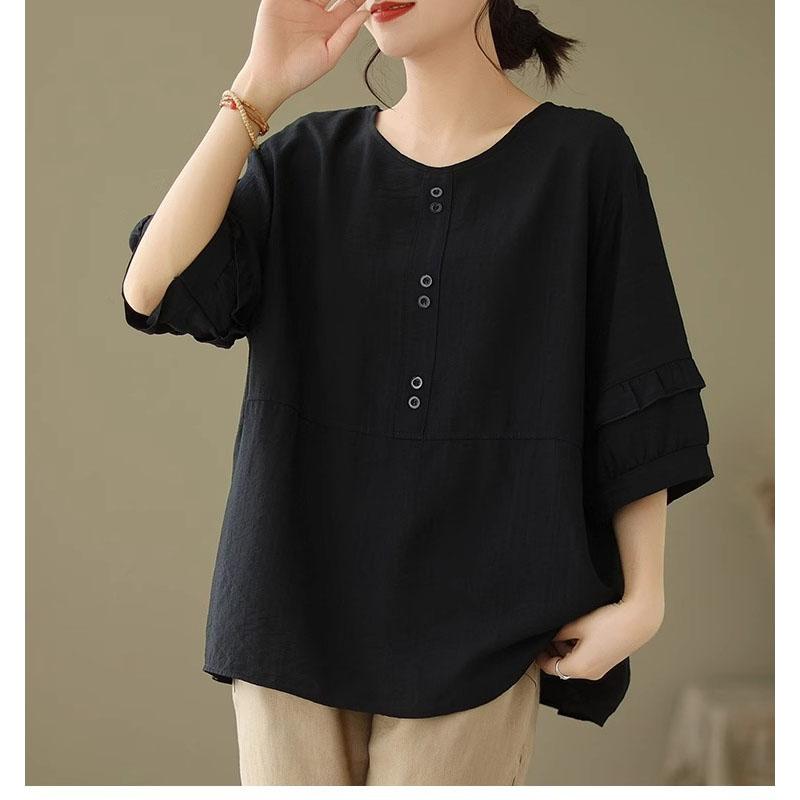Summer Women Plus Size Round Neck Solid Color Tops Loose Cotton and Linen Button Comfortable Casual Short Sleeved T-shirt
