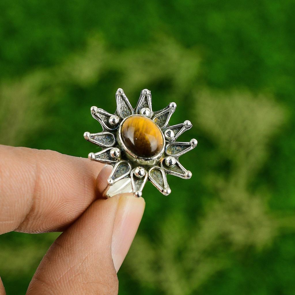 Gift For Her 925 Silver Natural Tiger'S Eye Stackable Flower Adjustable Ring