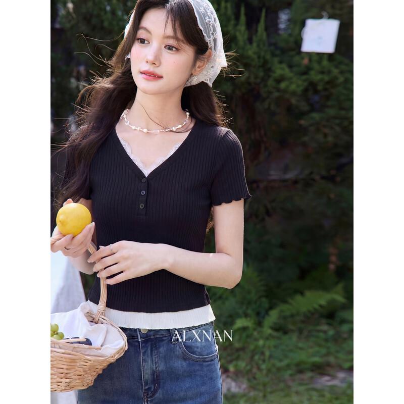 Lu Xiangnan Evening Breeze Whispers Elegant Slim V-Neck T-Shirt L