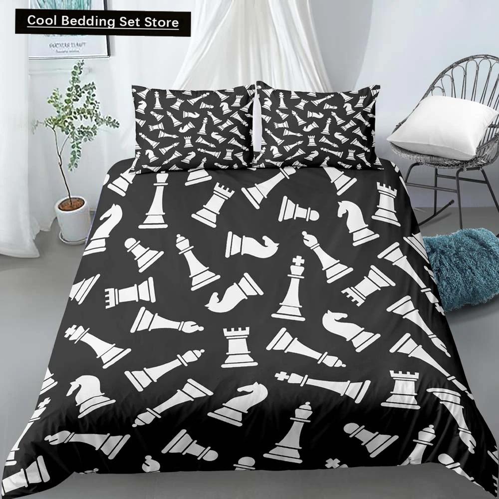 International Chess King Queen Duvet Cover Chess Board Bedding Set Black White Grid Quilt Cover Plaid Polyester Comforter Cover