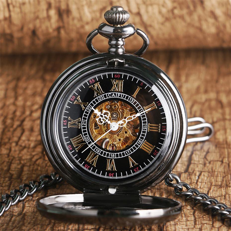 Vintage Mechanical Pocket Watch Gear Wheel Half Hunter Pendant Clock Roman Numerals Retro Watch Hand Winding Reloj De Bolsillo