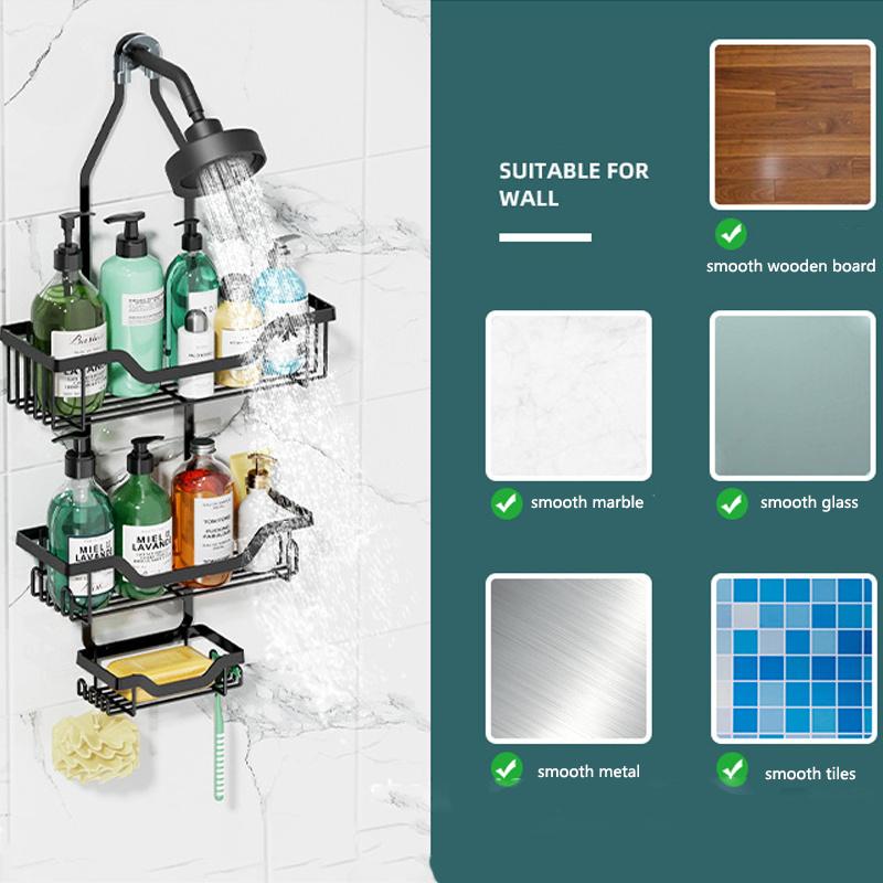 1pc 3 Layers Bath Supplies&shower Head Wall Mounted Storage Rack, Equipped with Suction Cups and hooks,Shower Organizer Rack for Home&dormitory.