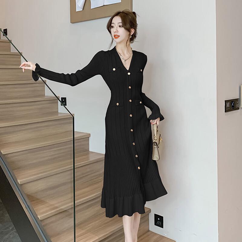 Elegant French V-Neck Knitted Midi Dress