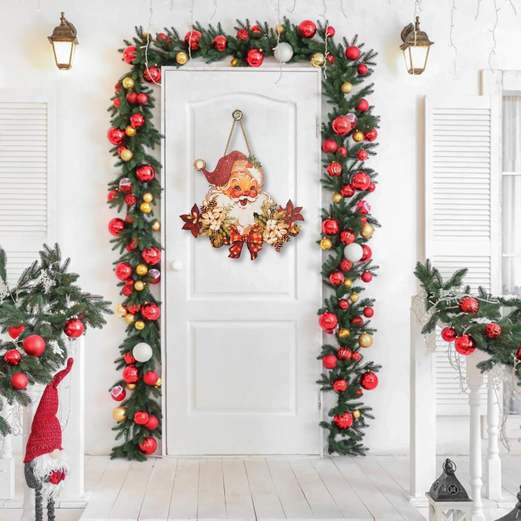 Vintage Santa Wooden Hanging Sign Christmas Front Door Wall Ornament Indoor Outdoor Xmas Holiday Party Decoration
