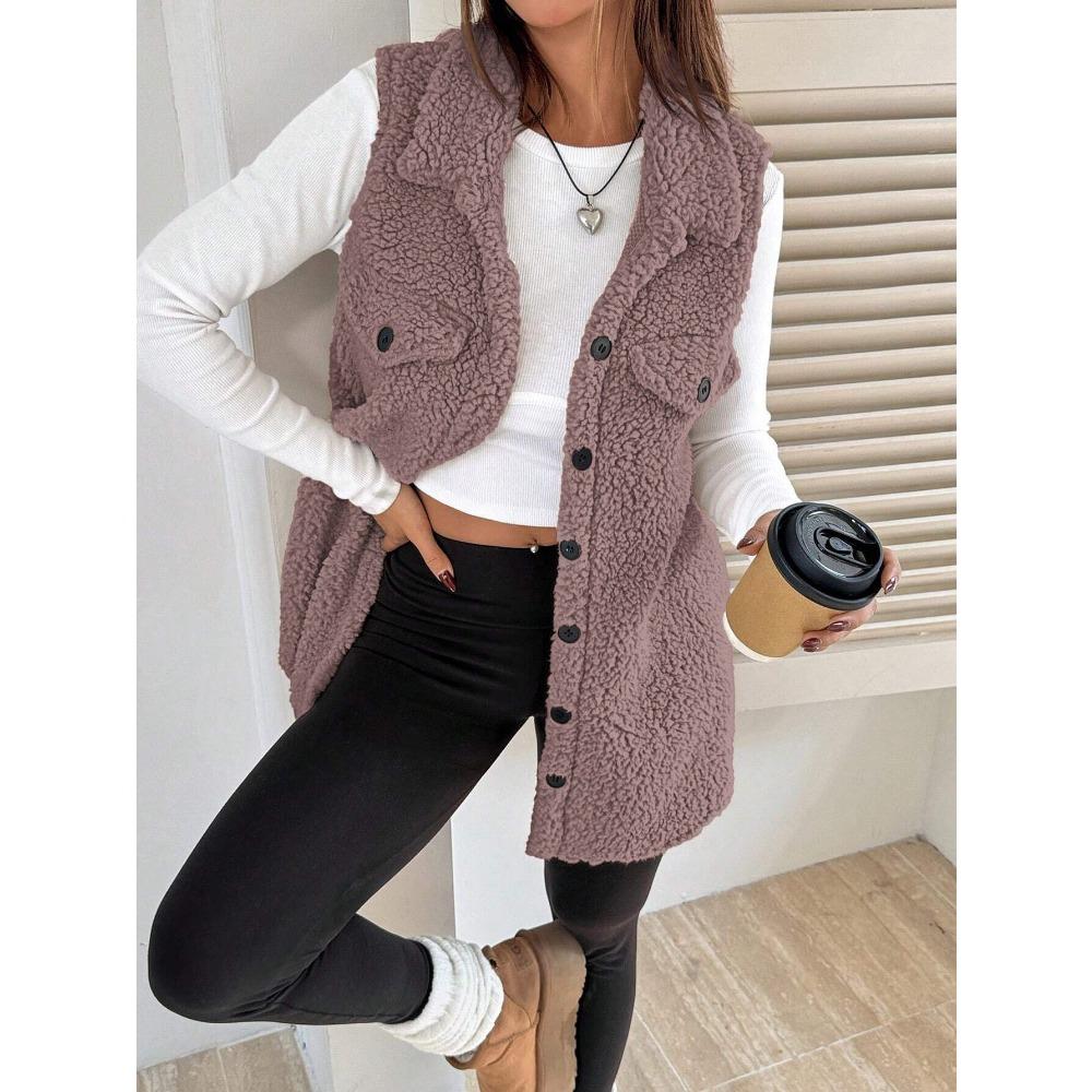 Women's Lapel Sleeveless Vest Oversized Fit Solid Color Single Button Pocket Winter Fleece Gilet