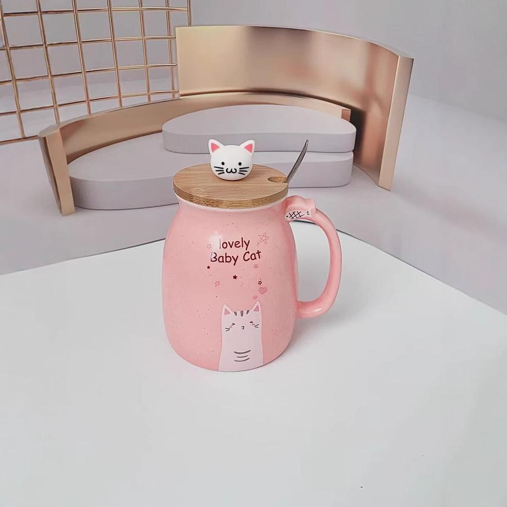 Niedliche Cartoon Katze Keramiktasse mit Deckel Löffel Große Kapazität Becher Haushalt Kaffeetasse Frühstück Milch Wasser