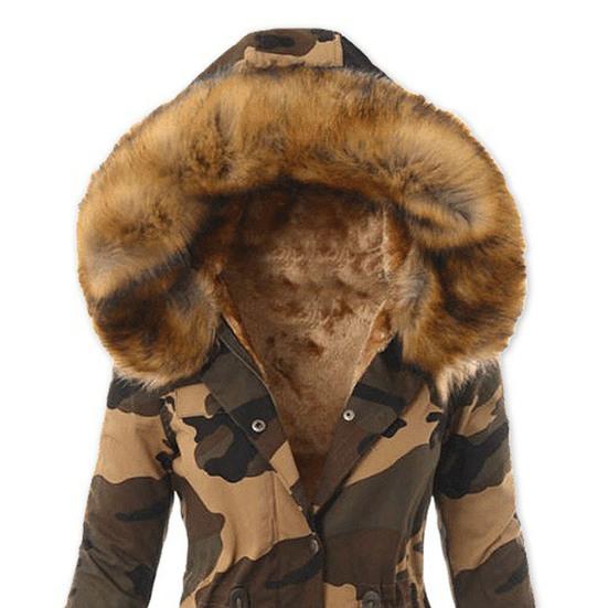 Buttons Closure Long Sleeve Women Coat Waist Drawstring Plush Hooded Fleece Lined Camouflage Print Overcoat Outerwear