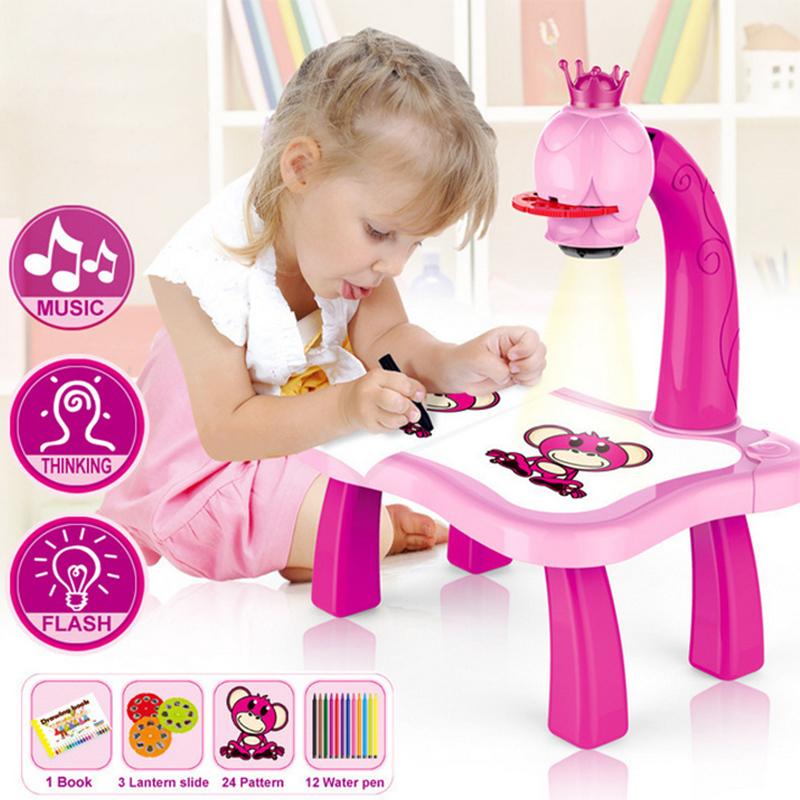 Kids Early Education Led Projector Drawing Table Toys Children Arts Painting Board Desk Mini Doodle Whiteboard Girl Gifts