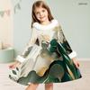 Girls Furry Collar Long Sleeve Bow Decor Printed Dress Dark Green Beige Gold A Line Flared Hem