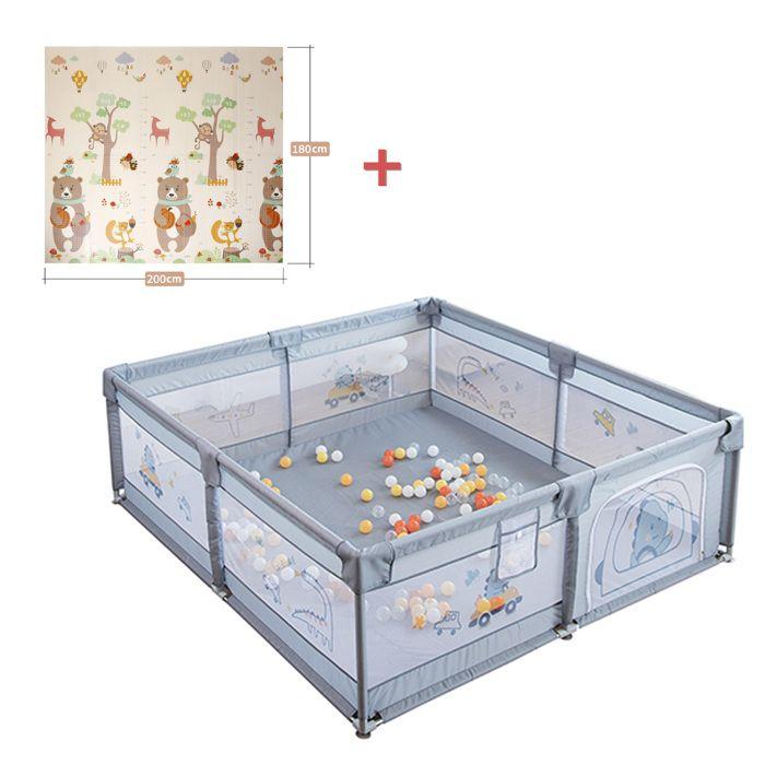 Parc Bébé Avec 60 boules-Avec Tapis-2 Anneaux De Traction-Portable Centre D'activités Pour Enfants-180x200x65cm-Gris
