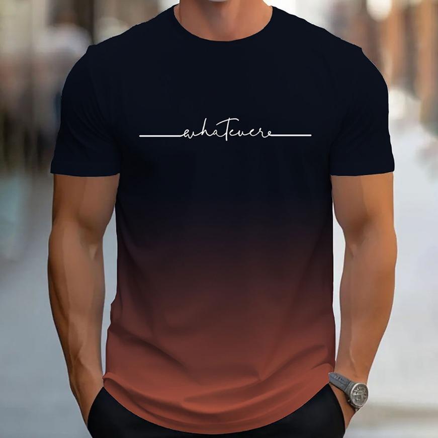 Gradient Letters Crew Neck Short Sleeve Alphabet Print T-Shirt Casual Weekend Wear for Men and Teens Vacation Resorts Spring/Summer/Fall