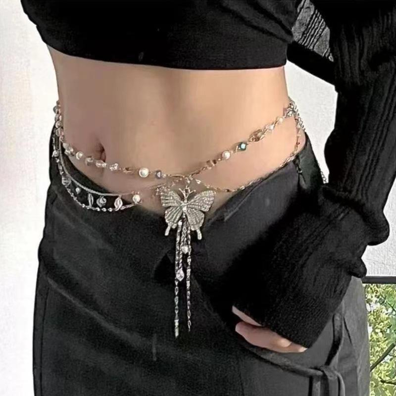 

Simple Shiny Butterfly Waist Chain For Women Multilayer Pearl Tassel Metal Body Belly Chains Summer Beach Party Jewelry Gifts