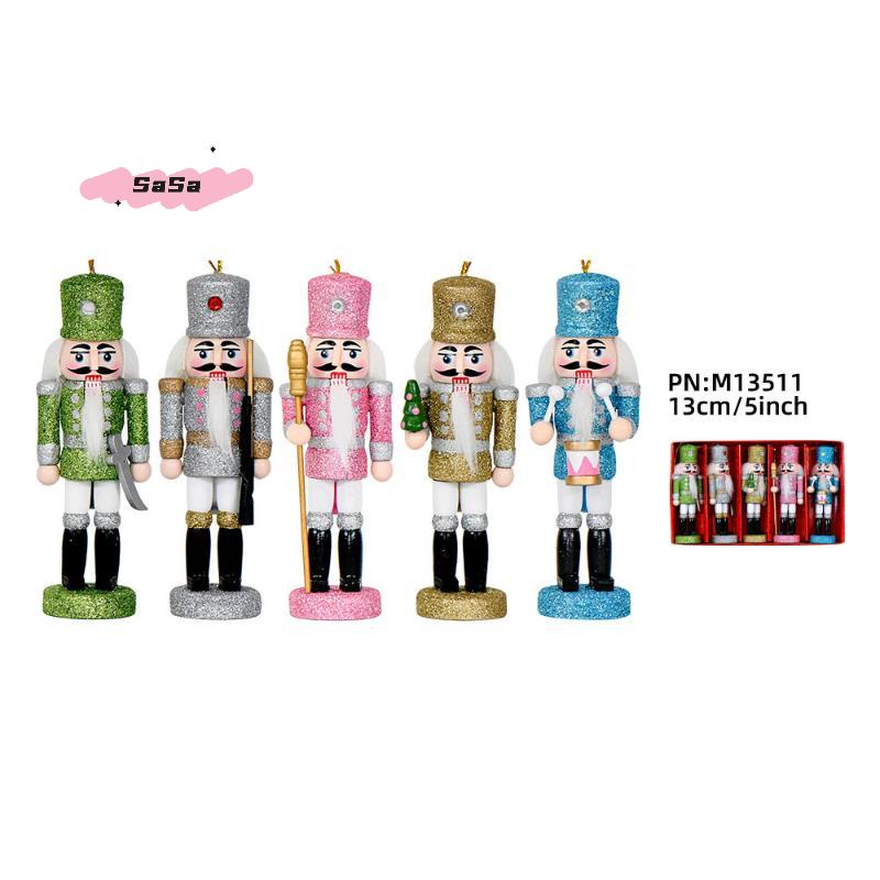 S-1/5Pcs Holiday Small Hanging Decoration 13CM Colorful Glitter Nutcracker Soldier Puppets Christmas Wooden Ornaments