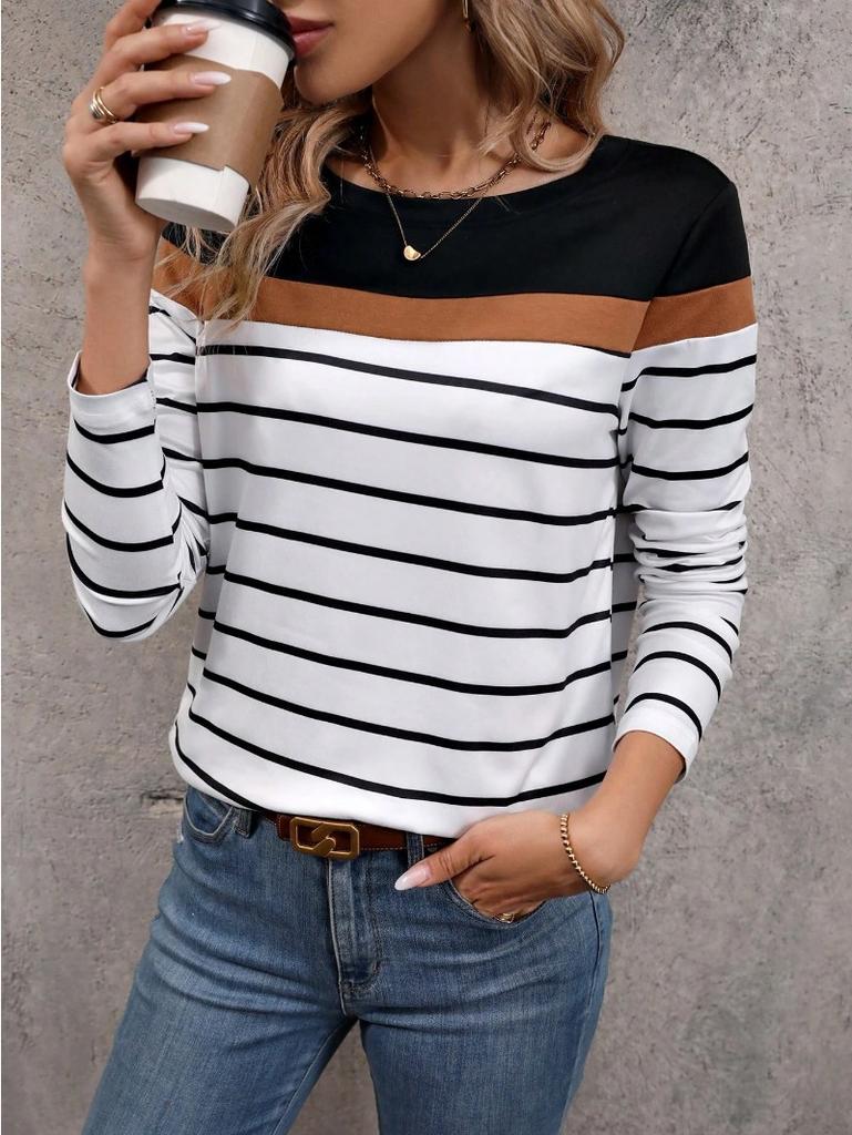 Damen T-Shirt 3D Streifen Colorblock Print Mode Langarm Rundhals Regular Top Feiertagswochenende Frühling und Herbst