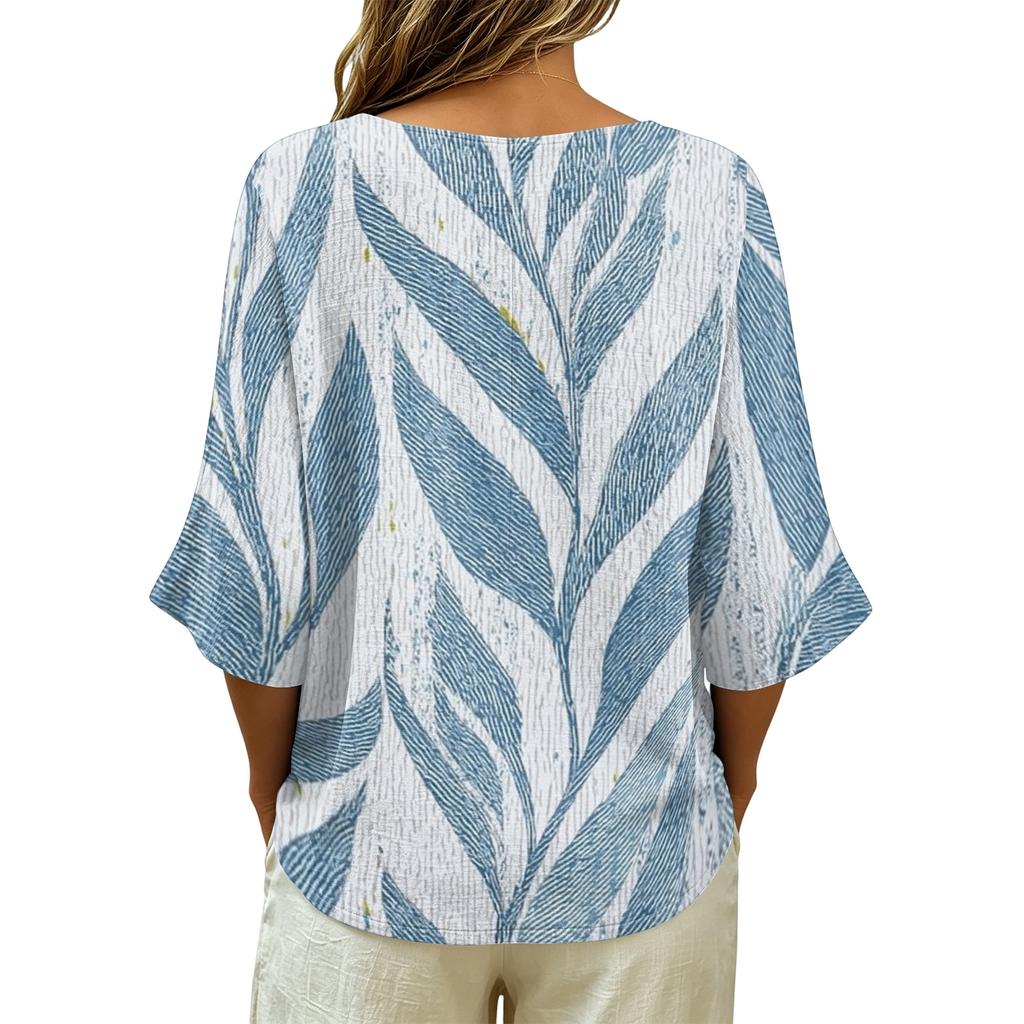 Women's Vintage Floral Print V Neck Loose Fit Short Sleeve Blouse Linen Blend Casual Top with Button Detail