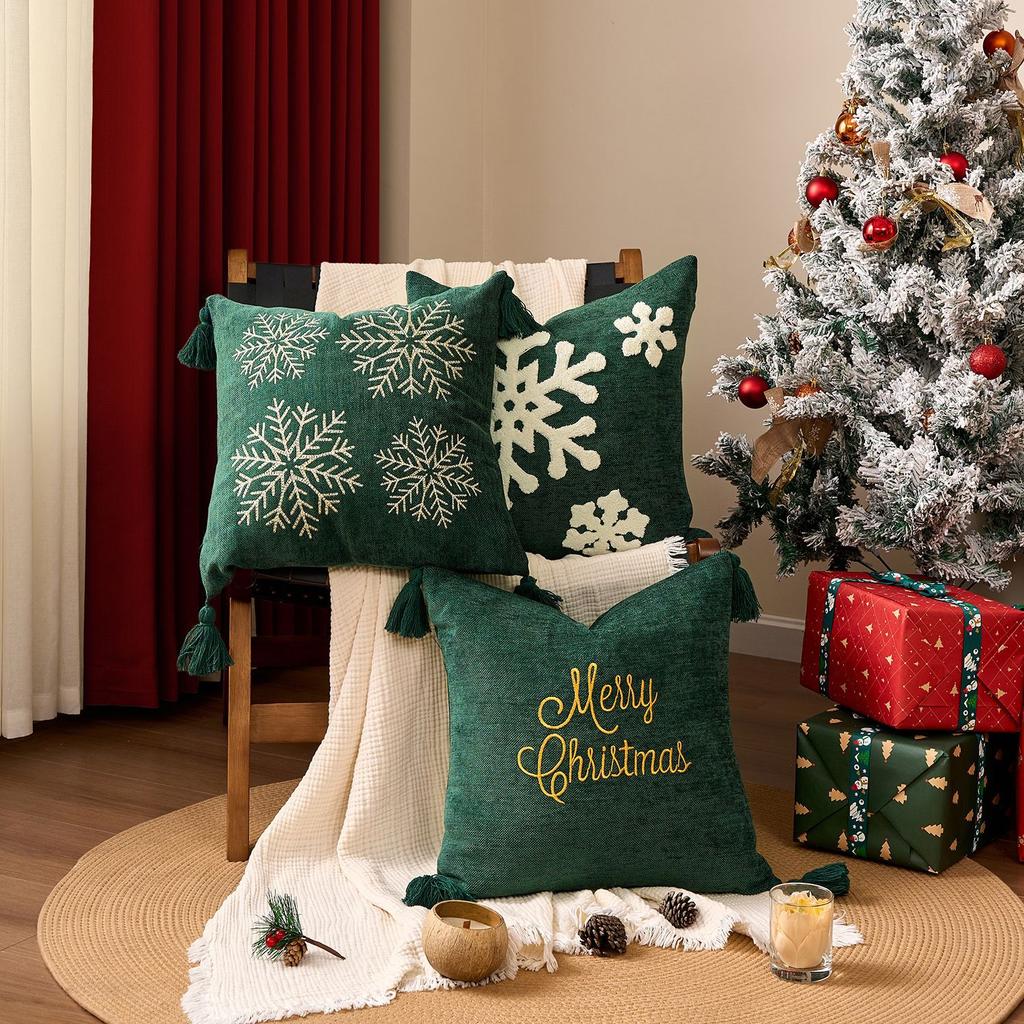 Snowflake Embroidered Throw Pillow Covers for Couch Christmas New Year Holiday Decorative Cushion Case Home Decor 45x45 cm 2 Pack