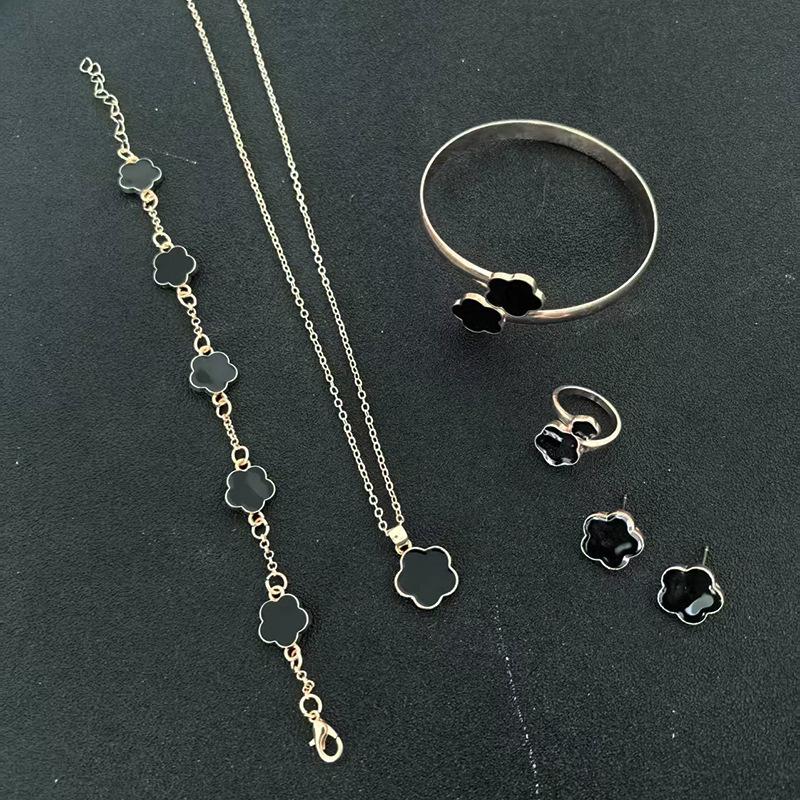 European Elegance: Five-Petal Flower Jewelry Set (Necklace, Bracelet, Bangle, Earrings, Ring)