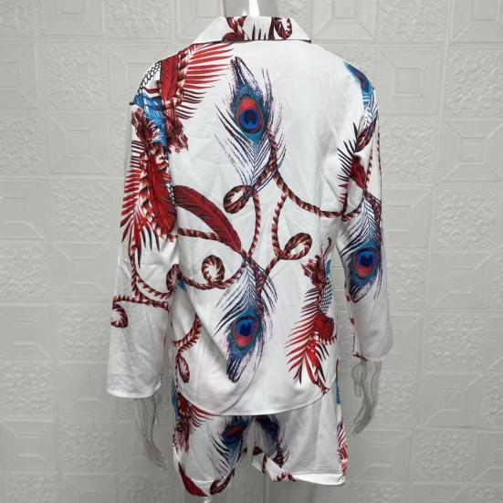 2 Pcs/Set Shirt Shorts Suit Zipper Lapel Loose Printed Long Sleeve Casual Soft Pockets High Waist Lady Top Shorts Set