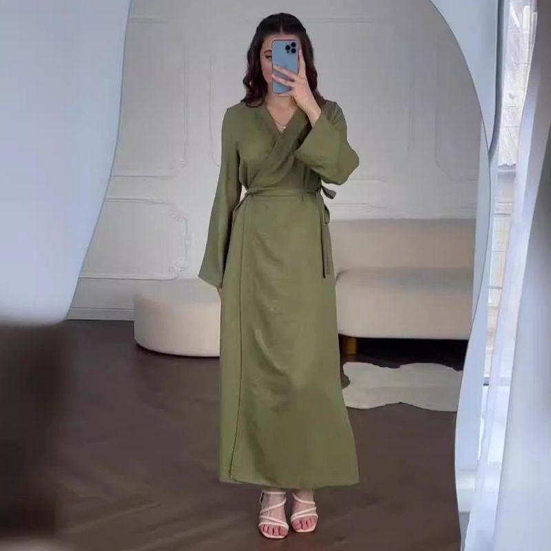 European and American Chinese Style Long sleeve dress 2025 Summer Cold Feeling Lace-up Waist Hugging V-neck Long dress