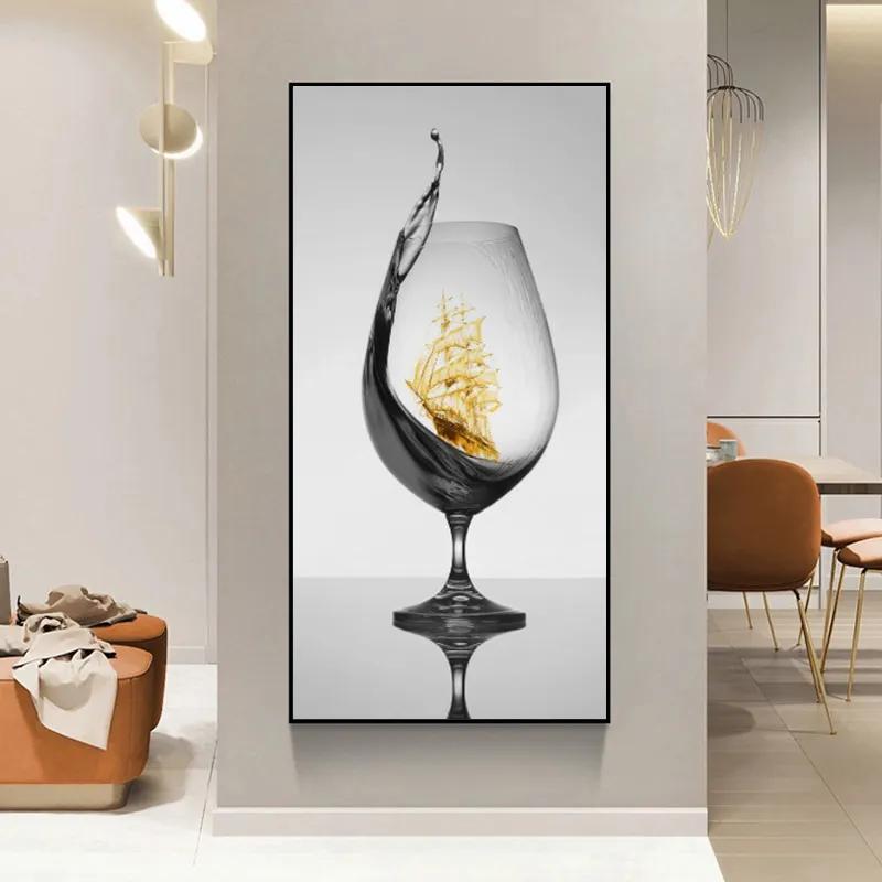

Романтический винный кубок и парусный холст плакат настенное искусство
