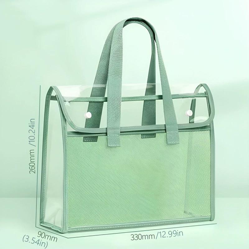 

Clear Transparent PVC Tote Bag Large Capacity Waterproof Mesh Pocket Reinforced Handle for School Commute Beach зелёный