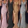 Bride Wedding Dress Women Evening V Neck Mesh Patchwork Sequin Sleeveless Split Hem Formal Attire Mermaid Shape Slim Fit Prom Party Banquet