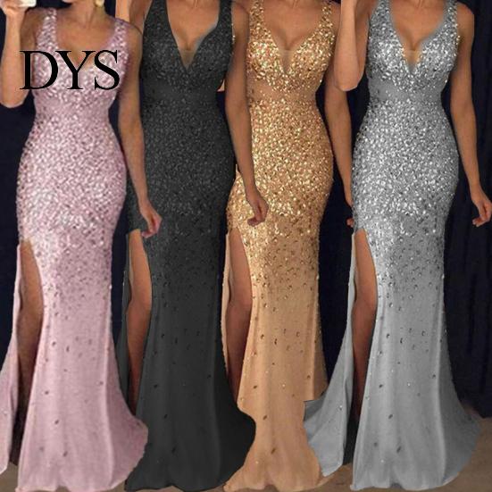 Bride Wedding Dress Women Evening V Neck Mesh Patchwork Sequin Sleeveless Split Hem Formal Attire Mermaid Shape Slim Fit Prom Party Banquet