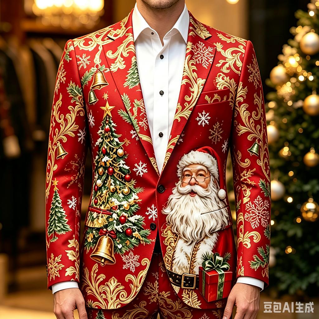 Men's Business Casual Christmas Print Long Sleeve Lapel Jacket No Tie Included