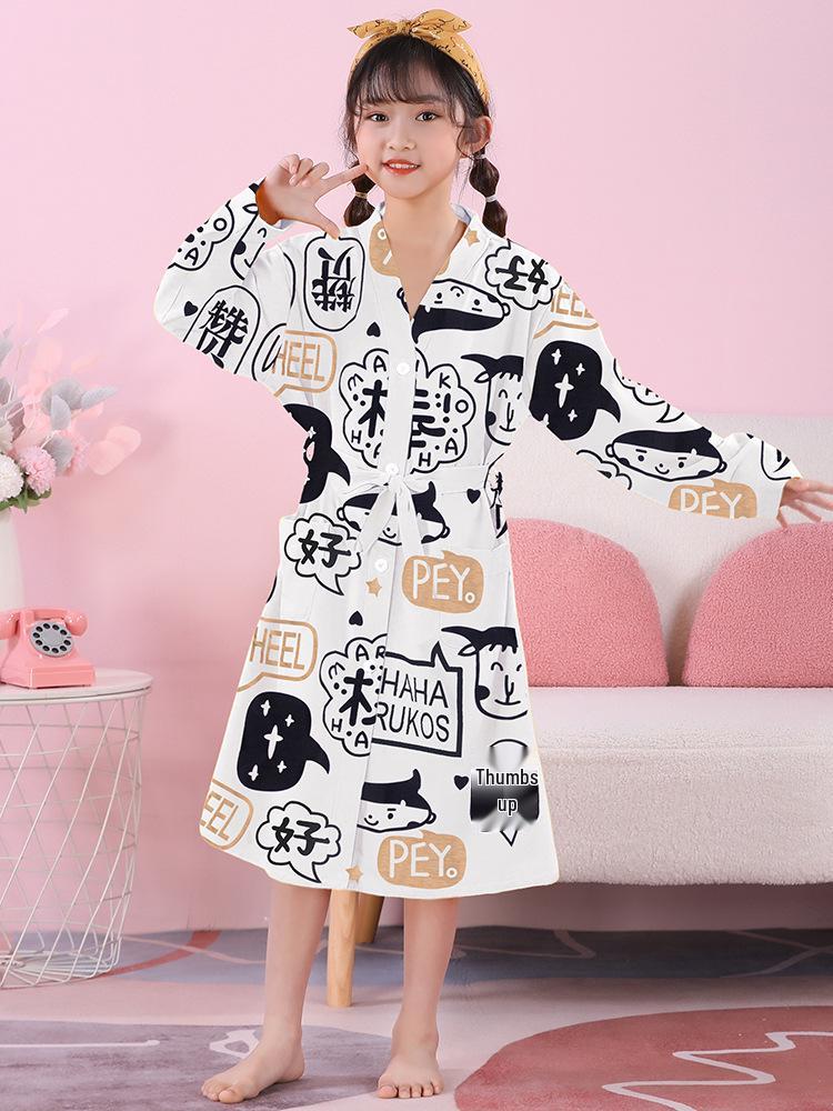 Girls' Combed Cotton Long-Sleeve Pajama Robe - Spring/Summer Bathrobe for Kids, Cute Sleepwear for Middle and Big Girls