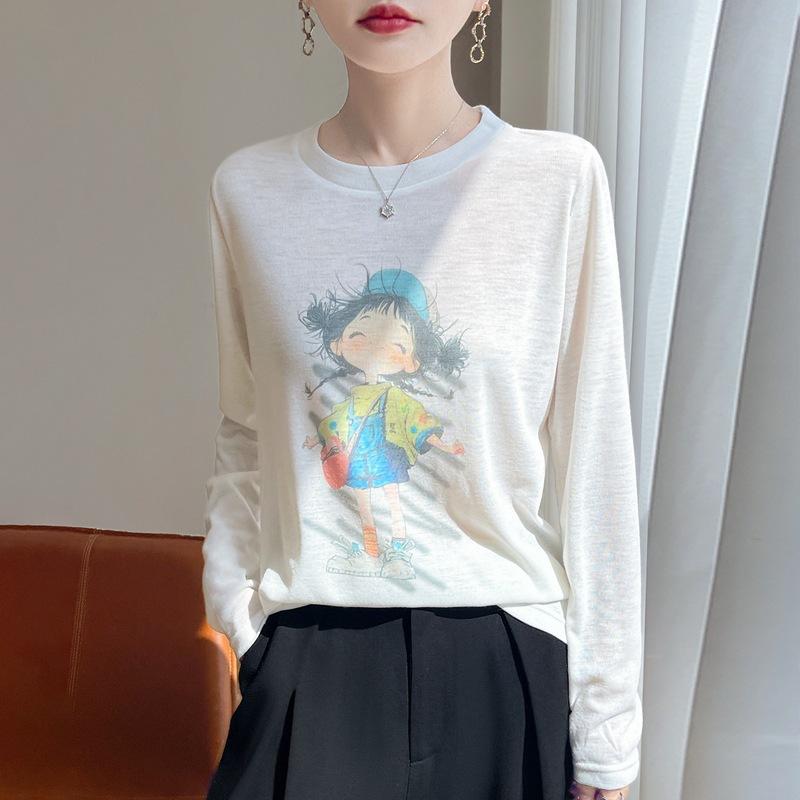 Healing Style Little Girl Long Sleeve Gentle Wind Printed T-Shirt Autumn Winter New Daily Top