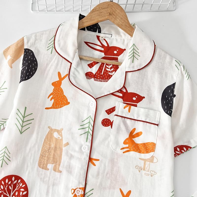 Japonská jednoduchá krátká pyžama dámská 100% bavlna krátké rukávy dámské pyžamové soupravy šortky Roztomilé kreslené oblečení na spaní dámské domácí oblečení