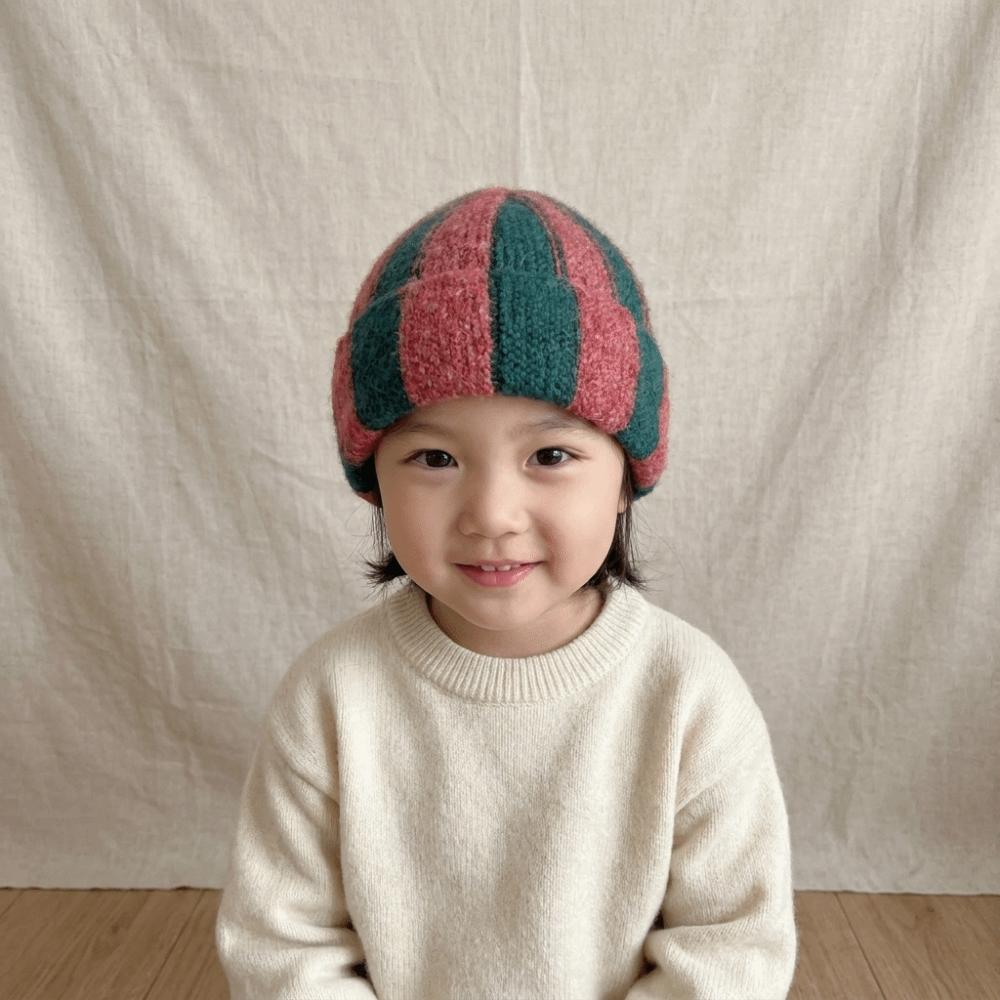 Thick Striped Beanie Hat Color Blocked Children Warm Hat Fashion Knitted Cap Gift