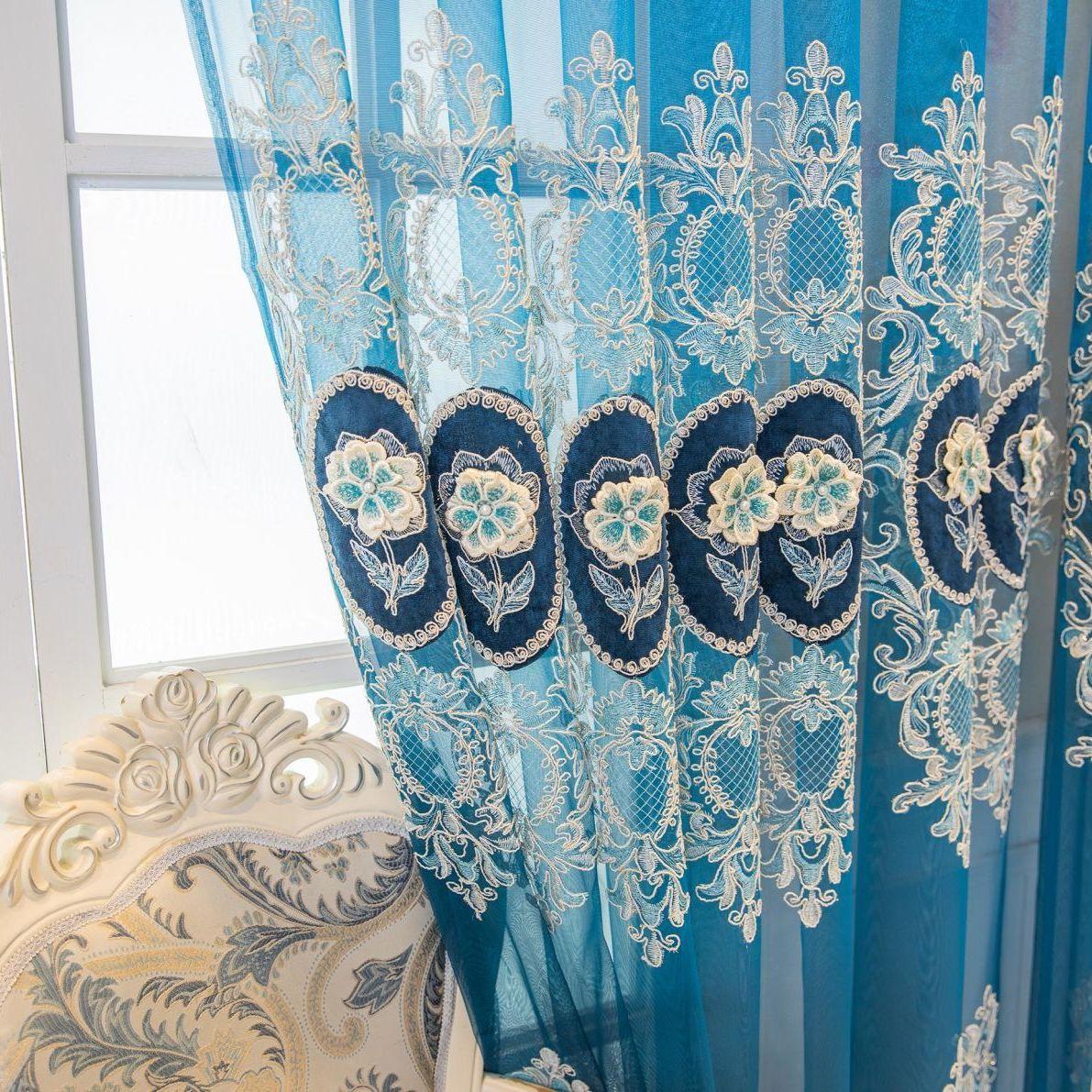 

Марлевая занавеска с вышивкой в ​​европейском стиле Готовые шторы для гостиной, спальни, роскошная бархатная марлевая занавеска с тиснением и вышивкой бисером. 300*270CM 1PCS