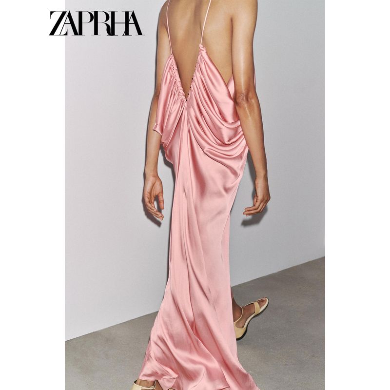 Zaprha New Women Clothes Pleat Decorative V-neck Straight Hem Silk Satin Texture Long Dress 3684019