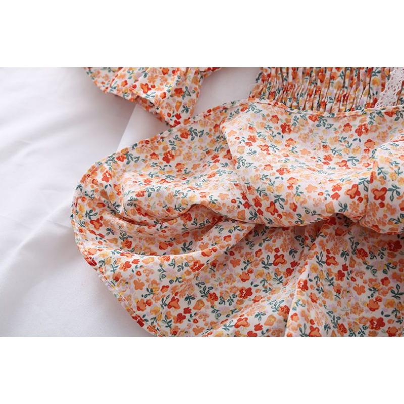 Broken Flower Sweet Puff Sleeve Women Blouse Slim Elastic Waist Square Neck Short Sleeve Top Lace Bow Decoration Fairy Casual