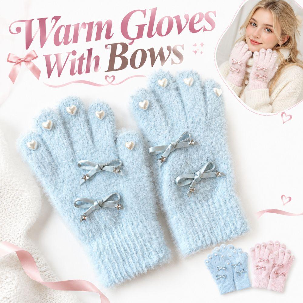 Kawaii Bow Women Winter Knitted Gloves Full Finger Knitted Knitting Wool Gloves Warm Gloves