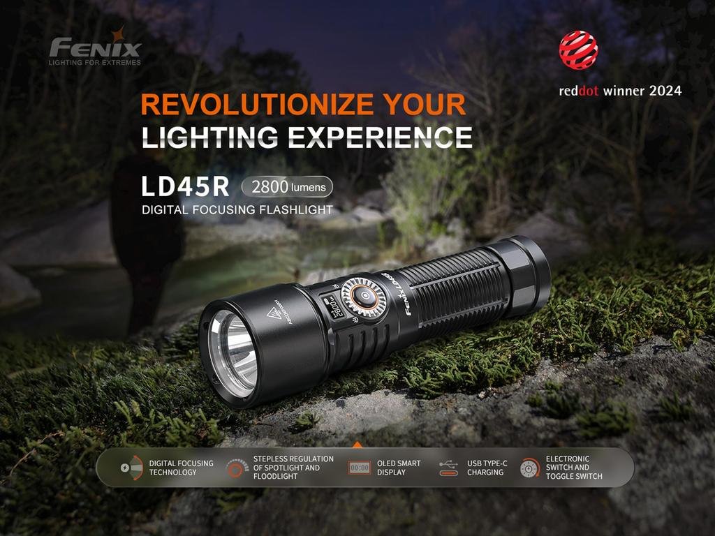 Fenix LD45R Rechargeable Electronic Focus Torch 2800 Lumens 480m Up to 65 Hours Advanced Electronic Focus System with Rotary Focus Control OLED