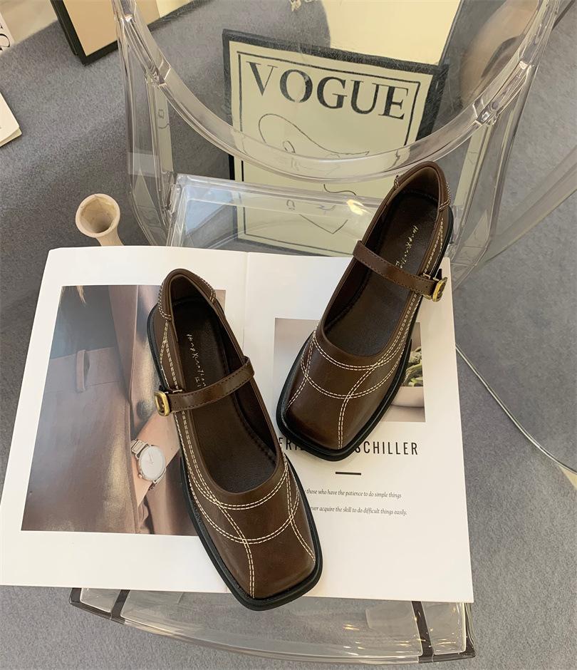 Square head thick heel Mary Jane single shoes women's shoes 2025 spring new versatile college style small leather shoes women