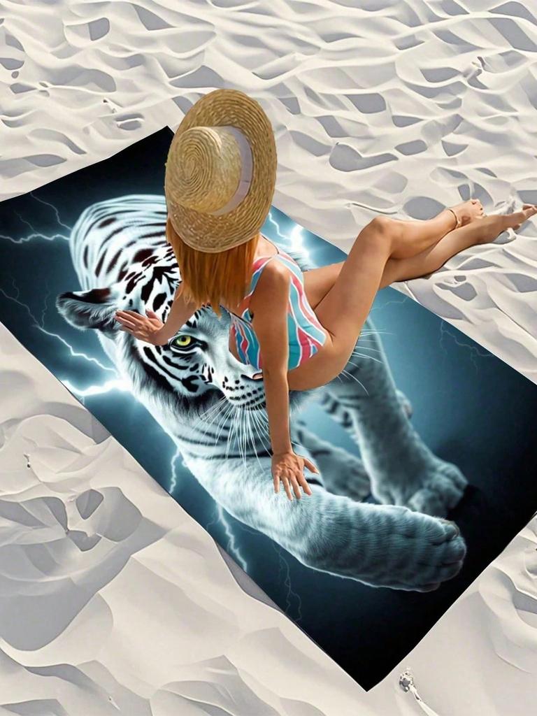 Cooles Weißer Tiger Strandtuch, Mikrofaser Schnelltrocknend Atmungsaktiv Große Größe, Fitnessstudio Yoga Poolseite, 3D Blitz Tierdruck Handtuch