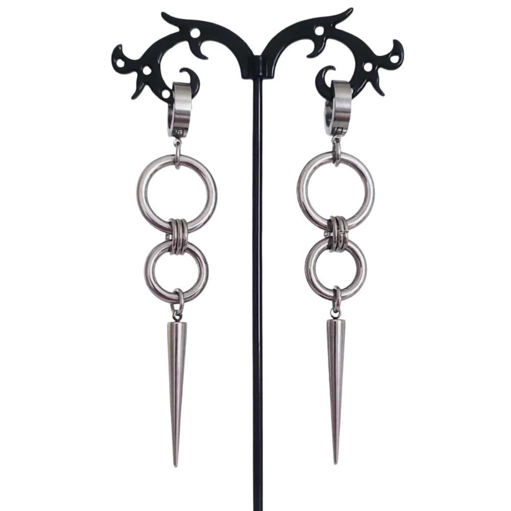 Punk Sliver Color Stainless Steel Long Rivet Tassel Circle Hoop Dangle Earrings for Men Women Hip Hop Trend Street Wear Jewelry