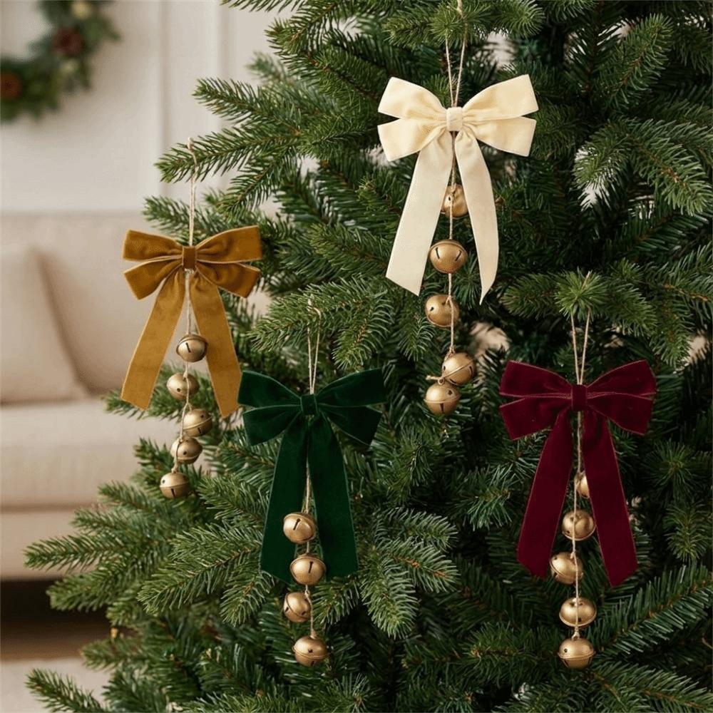 Velvet Christmas Bow Bell Ornament Antique Gold Bells Christmas Tree Hanging Bells Front Door