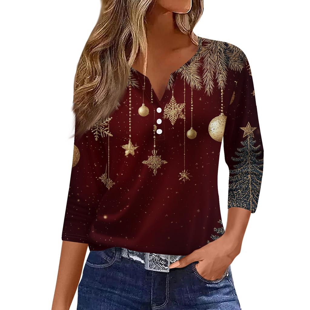 Women's Casual Fashion V-neck Loose Versatile Christmas Print Three-quarter Sleeve Top