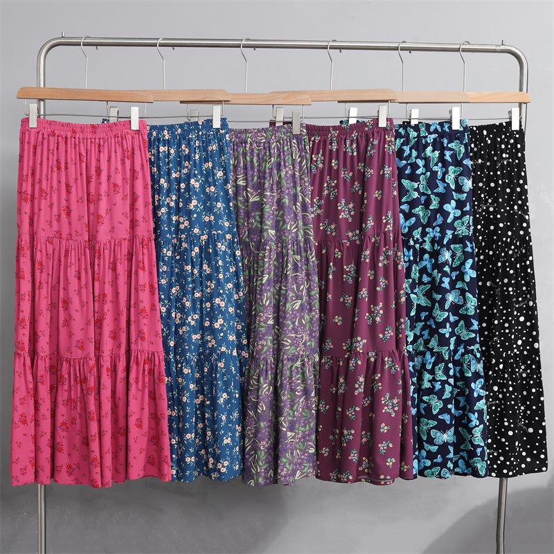 2025 Summer Floral Cotton-Silk Midi Skirt: Slimming, Thin Rayon Cardigan, Long Cake Skirt for Women.