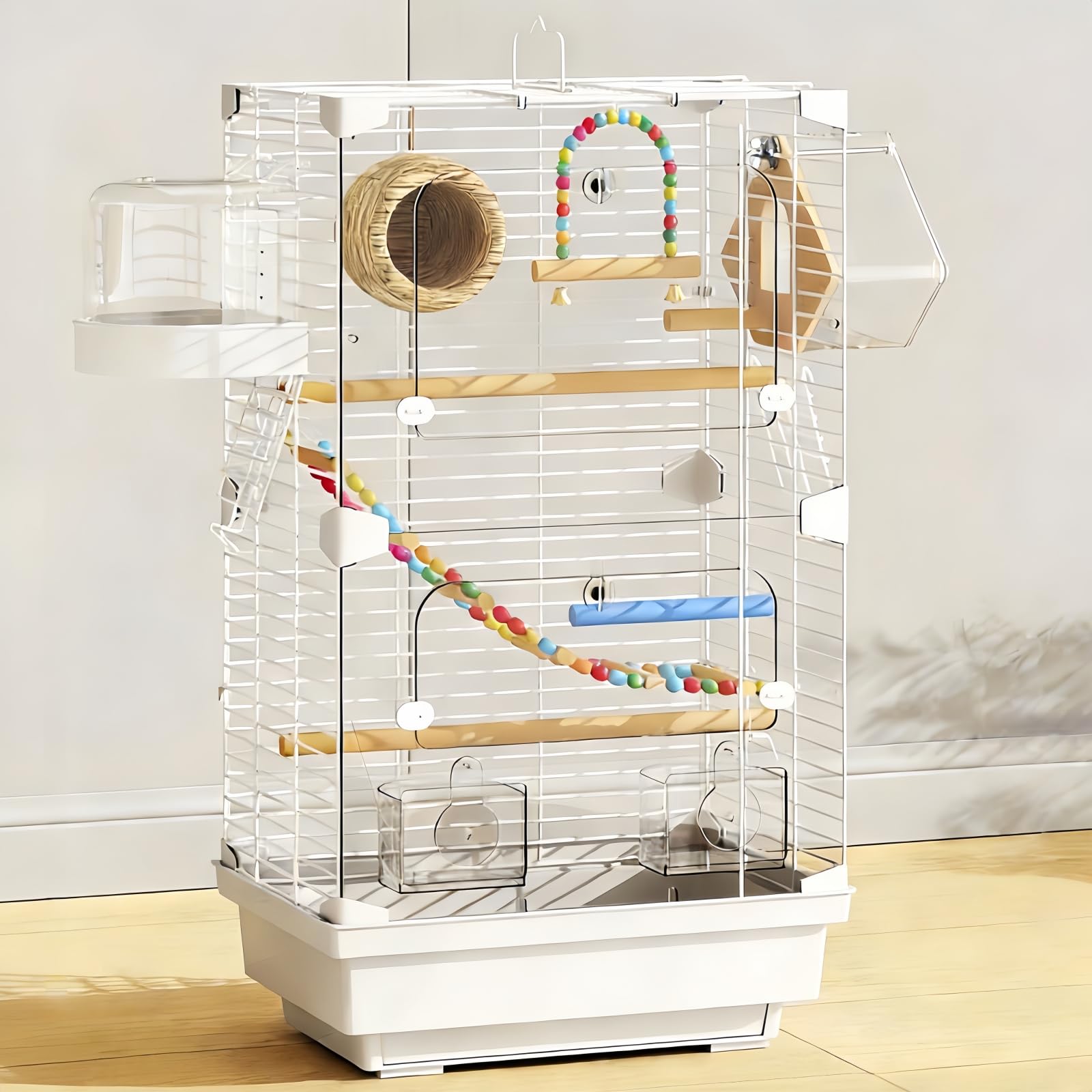 

Easy Home Large Bird Cage with Transparent Acrylic Front Panel and Bird Nest. The chassis is removable for cleaning. Includes a complete set of bird c