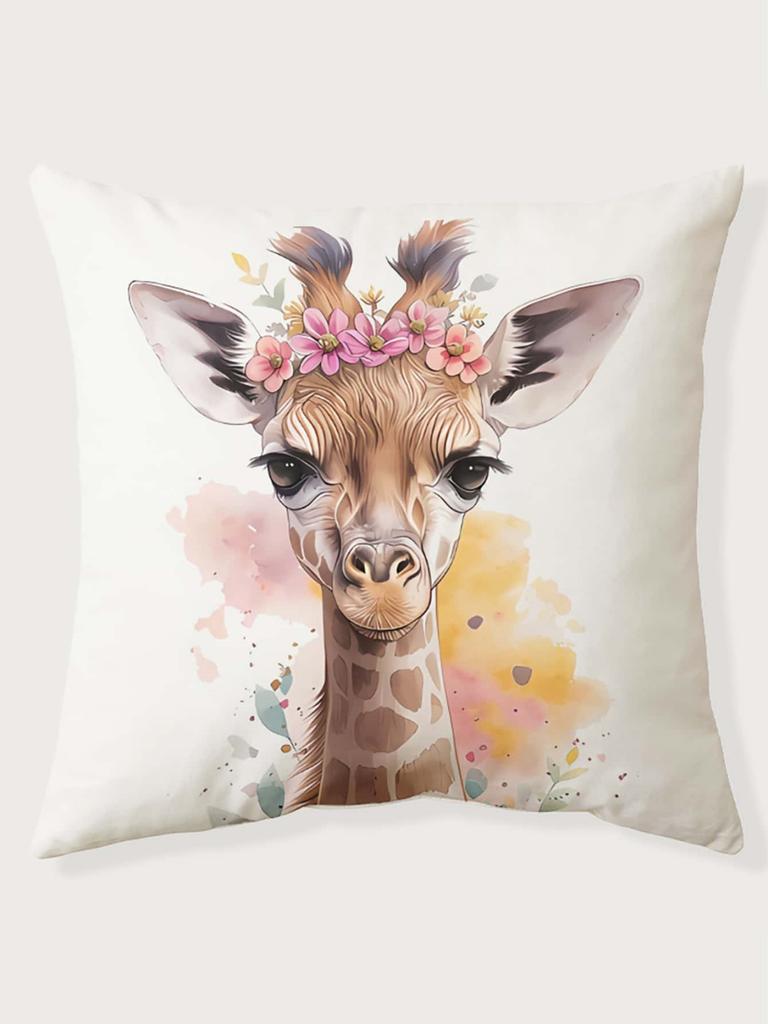 Flower Crown Giraffe Print Throw Pillow Cover, Cushion Case For Sofa Bedroom Living Room Couch Bed Office Chair Home Decor
