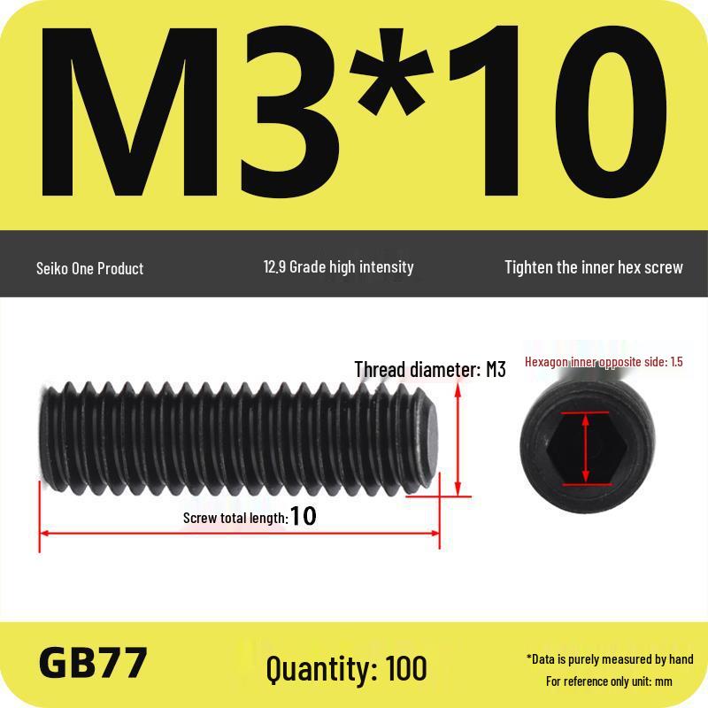 Class 12.9 Inner Hex Flat Head Headless Grub Screw M3-M12