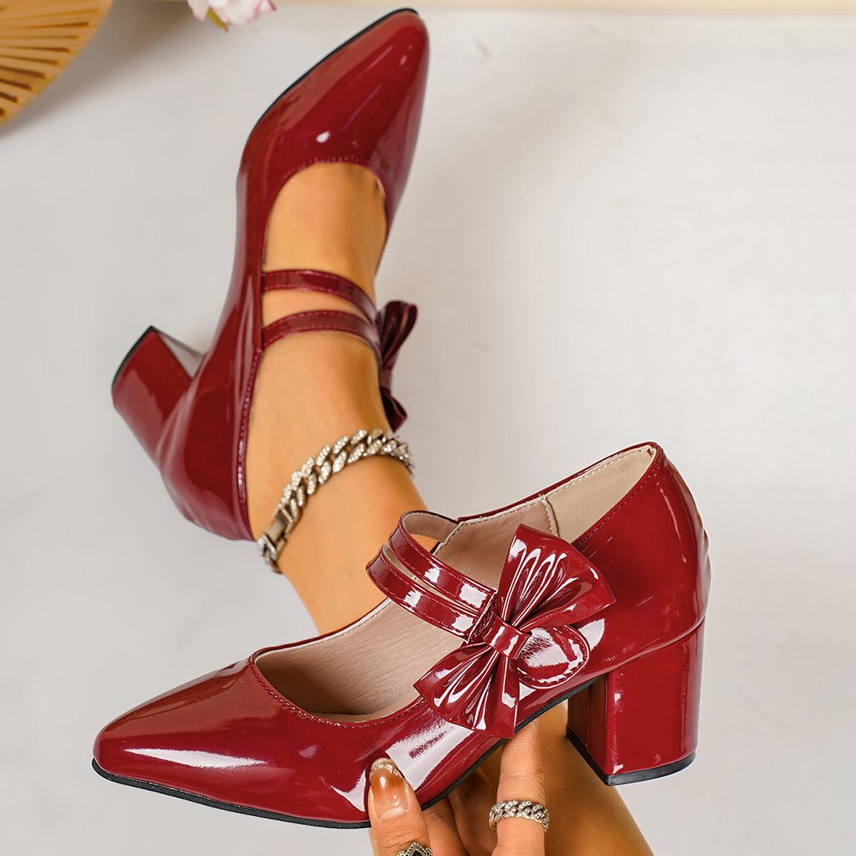 

Новые туфли на среднем каблуке толстый каблук однотонные туфли ремешок с пряжкой-одной полоской мелководный вырез туфли Мэри Джейн большого размера 35 бордовый